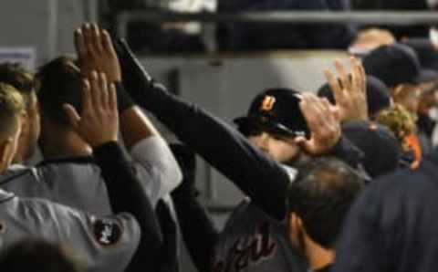 May 26, 2017; Chicago, IL, USA; Detroit Tigers catcher Alex Avila (31) celebrates with teammates after he hits a home run in the fifth inning against the Chicago White Sox at Guaranteed Rate Field. Mandatory Credit: Matt Marton-USA TODAY Sports