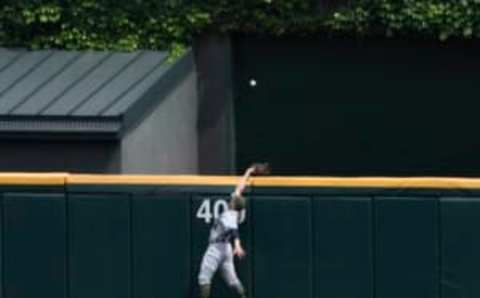 May 28, 2017; Chicago, IL, USA; Detroit Tigers center fielder Alex Presley (14) misses catching a home run hit by Chicago White Sox designated hitter Matt Davidson (not pictured) during the fourth inning at Guaranteed Rate Field. Mandatory Credit: David Banks-USA TODAY Sports