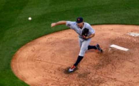 May 30, 2017; Kansas City, MO, USA; Detroit Tigers starting pitcher Justin Verlander (35) pitches against the Kansas City Royals in the third inning at Kauffman Stadium. Mandatory Credit: Jay Biggerstaff-USA TODAY Sports