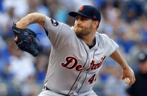 May 31, 2017; Kansas City, MO, USA; Detroit Tigers starting pitcher Matthew Boyd (48) pitches against the Kansas City Royals in the first innings at Kauffman Stadium. Mandatory Credit: Jay Biggerstaff-USA TODAY Sports