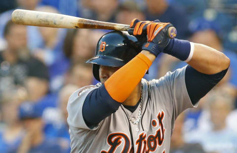 May 31, 2017; Kansas City, MO, USA; Detroit Tigers designated hitter Victor Martinez (41) bats against the Kansas City Royals in the third inning at Kauffman Stadium. Mandatory Credit: Jay Biggerstaff-USA TODAY Sports