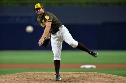 Jun 2, 2017; San Diego, CA, USA; San Diego Padres relief pitcher Brad Hand (52) pitches during the eighth inning against the Colorado Rockies at Petco Park. Mandatory Credit: Jake Roth-USA TODAY Sports