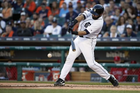 Jun 7, 2017; Detroit, MI, USA; Detroit Tigers catcher Alex Avila (31) hits a single in the first inning against the Los Angeles Angels at Comerica Park. Mandatory Credit: Rick Osentoski-USA TODAY Sports