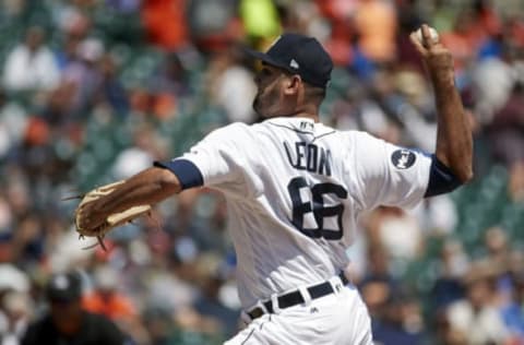 Jun 8, 2017; Detroit, MI, USA; Detroit Tigers relief pitcher Arcenio Leon (66) pitches in the sixth inning against the Los Angeles Angels at Comerica Park. Mandatory Credit: Rick Osentoski-USA TODAY Sports