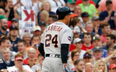 Jun 10, 2017; Boston, MA, USA; Detroit Tigers first baseman Miguel Cabrera (24) heads back to the dugout after striking out looking against the Boston Red Sox during the third inning at Fenway Park. Mandatory Credit: Winslow Townson-USA TODAY Sports