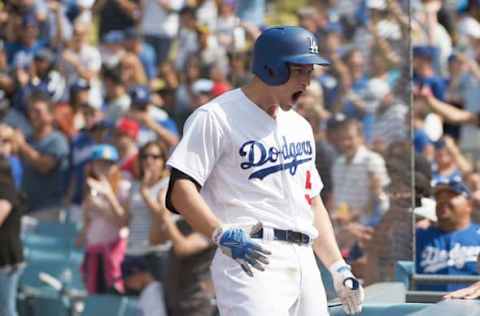 Jun 11, 2017; Los Angeles, CA, USA; Los Angeles Dodgers shortstop Corey Seager (5) reacts after hitting the go-ahead grand slam against the Cincinnati Reds during the eighth inning at Dodger Stadium. Mandatory Credit: Kelvin Kuo-USA TODAY Sports