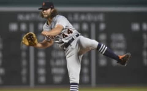 Jun 11, 2017; Boston, MA, USA; Detroit Tigers starting pitcher Daniel Norris (44) throws a pitch during the first inning against the Detroit Tigers at Fenway Park. Mandatory Credit: Bob DeChiara-USA TODAY Sports