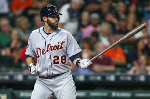 May 23, 2017; Houston, TX, USA; Detroit Tigers right fielder J.D. Martinez (28) bats against the Houston Astros at Minute Maid Park. Mandatory Credit: Troy Taormina-USA TODAY Sports