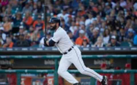 Jun 7, 2017; Detroit, MI, USA; Detroit Tigers catcher Alex Avila (31) hits a single in the first inning against the Los Angeles Angels at Comerica Park. Mandatory Credit: Rick Osentoski-USA TODAY Sports