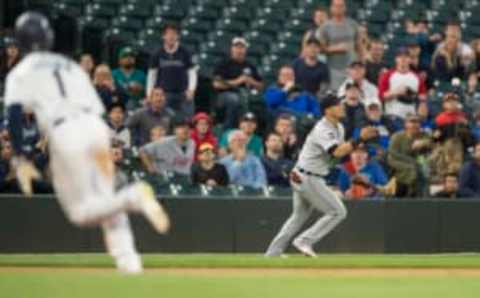 Jun 21, 2017; Seattle, WA, USA; Detroit Tigers shortstop Jose Iglesias (1) misses catching a pop fly during the seventh inning against the Seattle Mariners at Safeco Field. Mandatory Credit: Troy Wayrynen-USA TODAY Sports