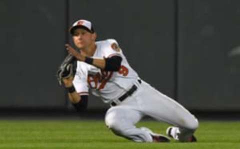 Jul 2, 2015; Baltimore, MD, USA; Baltimore Orioles left fielder David Lough (9) dives to catch Texas Rangers catcher Robinson Chirinos (61) (not pictured) fly ball in the eighth inning at Oriole Park at Camden Yards. Mandatory Credit: Tommy Gilligan-USA TODAY Sports