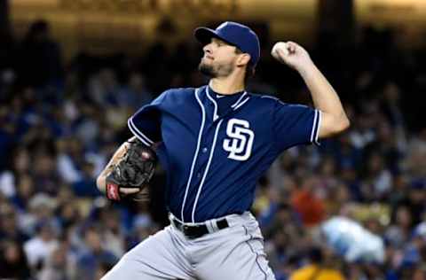 Apr 29, 2016; Los Angeles, CA, USA; San Diego Padres relief pitcher Brad Hand (52) pitches against the Los Angeles Dodgers during the sixth inning at Dodger Stadium. Mandatory Credit: Richard Mackson-USA TODAY Sports