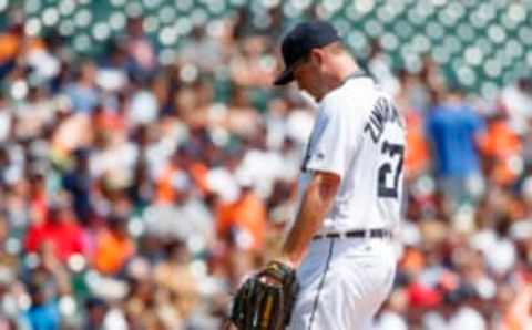 Aug 4, 2016; Detroit, MI, USA; Detroit Tigers starting pitcher Jordan Zimmermann (27) walks off the field after being relieved in the second inning against the Chicago White Sox at Comerica Park. Mandatory Credit: Rick Osentoski-USA TODAY Sports