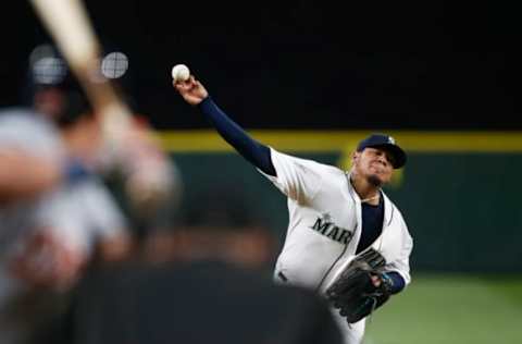 Aug 10, 2016; Seattle, WA, USA; Seattle Mariners starting pitcher Felix Hernandez (34) throws against the Detroit Tigers during the fifth inning at Safeco Field. Mandatory Credit: Joe Nicholson-USA TODAY Sports