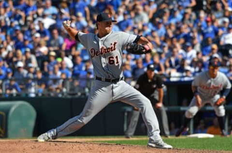 Sep 4, 2016; Kansas City, MO, USA; Detroit Tigers pitcher Shane Greene (61) delivers a pitch against the Kansas City Royals during the eighth inning at Kauffman Stadium. Detroit defeated Kansas City 6-5. Mandatory Credit: Peter G. Aiken-USA TODAY Sports