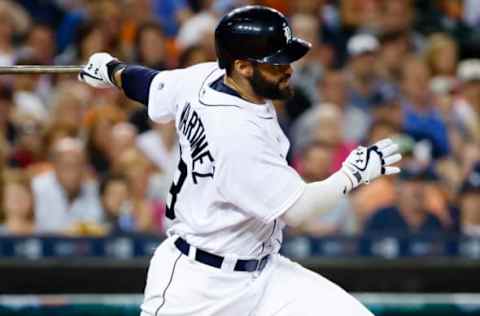 Sep 9, 2016; Detroit, MI, USA; Detroit Tigers right fielder J.D. Martinez (28) hits a two RBI single in the fifth inning against the Baltimore Orioles at Comerica Park. Mandatory Credit: Rick Osentoski-USA TODAY Sports