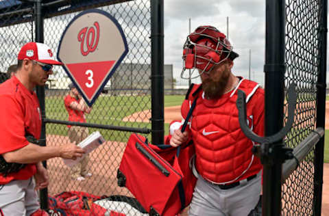 Feb 21, 2017; West Palm Beach, FL, USA; Washington Nationals catcher Derek Norris (23) during spring training workouts at The Ballpark of the Palm Beaches. Mandatory Credit: Steve Mitchell-USA TODAY Sports