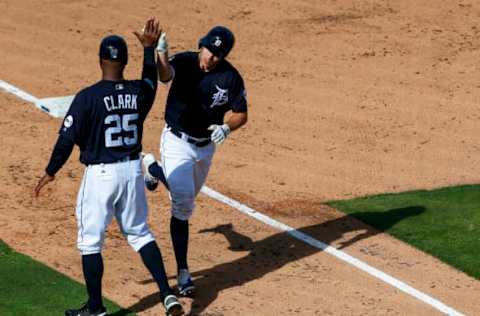 Feb 25, 2017; Lakeland, FL, USA; Detroit Tigers third base coach Dave Clark (25) high fives Jason Krizan (73) as he rounds third base after hitting a home run in the seventh inning of a baseball game against the Houston Astros during spring training at Joker Marchant Stadium. Mandatory Credit: Butch Dill-USA TODAY Sports