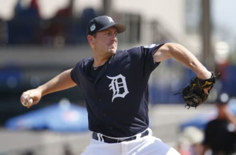 Feb 27, 2017; Lakeland, FL, USA; Detroit Tigers starting pitcher Jordan Zimmermann (27) throws a pitch during the first inning of a baseball game against the Detroit Tigers at Joker Marchant Stadium. Mandatory Credit: Reinhold Matay-USA TODAY Sports