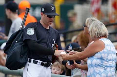 Feb 27, 2017; Lakeland, FL, USA; Detroit Tigers right fielder Mike Gerber (75) signs autographs before a spring training baseball game against the Atlanta Braves at Joker Marchant Stadium. Mandatory Credit: Reinhold Matay-USA TODAY Sports