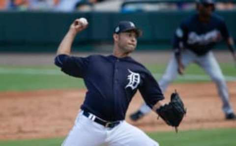 Feb 27, 2017; Lakeland, FL, USA; Detroit Tigers starting pitcher Anibal Sanchez (19) throws a pitch during the third inning of a spring training baseball game against the Atlanta Braves at Joker Marchant Stadium. Mandatory Credit: Reinhold Matay-USA TODAY Sports