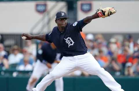 Feb 27, 2017; Lakeland, FL, USA; Detroit Tigers starting pitcher Victor Alcantara (58) throws a pitch during the fifth inning of a spring training baseball game against the Atlanta Braves at Joker Marchant Stadium. Mandatory Credit: Reinhold Matay-USA TODAY Sports