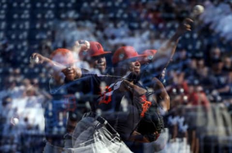 Feb 28, 2017; Tampa, FL, USA; A multiple exposure photo of Detroit Tigers relief pitcher Bruce Rondon (43) pitching in the seventh inning of a baseball game against the New York Yankees during spring training at George M. Steinbrenner Field. Mandatory Credit: Butch Dill-USA TODAY Sports