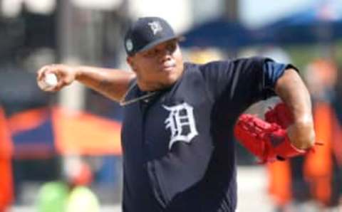 Mar 2, 2017; Lakeland, FL, USA; Detroit Tigers relief pitcher Bruce Rondon (43) throws a pitch during the fourth inning of a MLB spring training baseball gameagainst the Pittsburgh Pirates at Joker Marchant Stadium. Mandatory Credit: Reinhold Matay-USA TODAY Sports