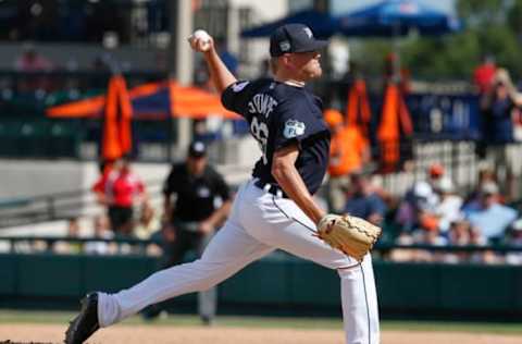 Mar 2, 2017; Lakeland, FL, USA; Detroit Tigers starting pitcher Daniel Stumpf (68) throws a pitch during the sixth inning of a MLB spring training baseball gameagainst the Pittsburgh Pirates at Joker Marchant Stadium. Mandatory Credit: Reinhold Matay-USA TODAY Sports