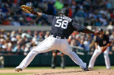 Mar 4, 2017; Lakeland, FL, USA; Detroit Tigers starting pitcher Victor Alcantara (58) throws a pitch during the sixth inning of an MLB spring training baseball game against the New York Yankees at Joker Marchant Stadium. Mandatory Credit: Reinhold Matay-USA TODAY Sports