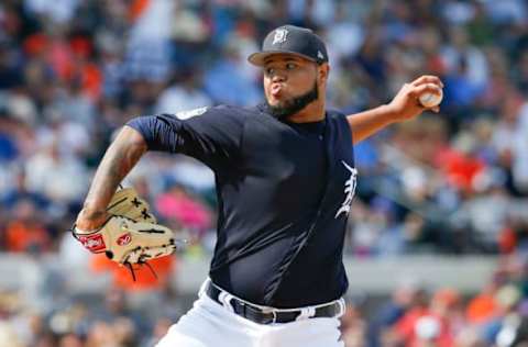 Mar 4, 2017; Lakeland, FL, USA; Detroit Tigers pitcher Jairo Labourt (63) throws a pitch during the fifth inning of an MLB spring training baseball game against the New York Yankees at Joker Marchant Stadium. Mandatory Credit: Reinhold Matay-USA TODAY Sports