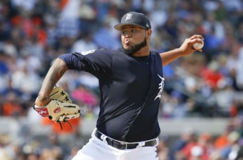 Mar 4, 2017; Lakeland, FL, USA; Detroit Tigers pitcher Jairo Labourt (63) throws a pitch during the fifth inning of an MLB spring training baseball game against the New York Yankees at Joker Marchant Stadium. Mandatory Credit: Reinhold Matay-USA TODAY Sports