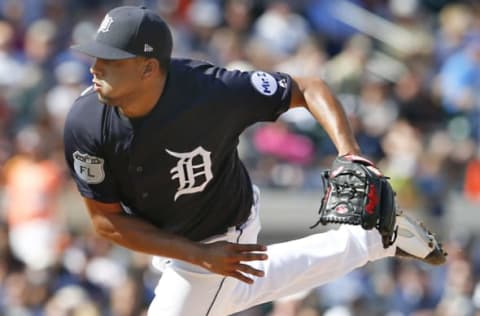 Mar 4, 2017; Lakeland, FL, USA; Detroit Tigers relief pitcher Francisco Rodriguez (57) throws a pitch during the fifth inning of an MLB spring training baseball game against the New York Yankees at Joker Marchant Stadium. Mandatory Credit: Reinhold Matay-USA TODAY Sports