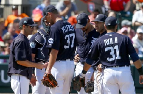 Mar 6, 2017; Lakeland, FL, USA; Detroit Tigers manager Brad Ausmus (7) relieves starting pitcher Mike Pelfrey (37) in the third inning of a baseball game against the Baltimore Orioles during spring training at Joker Marchant Stadium. Mandatory Credit: Butch Dill-USA TODAY Sports