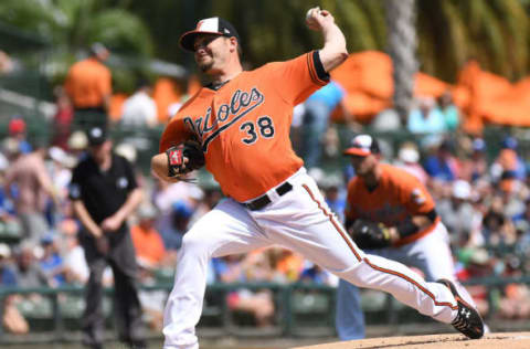 Mar 8, 2017; Sarasota, FL, USA; Baltimore Orioles starting pitcher Wade Miley (38) pitches in the first inning of the spring training game against the Toronto Blue Jays at Ed Smith Stadium. Mandatory Credit: Jonathan Dyer-USA TODAY Sports