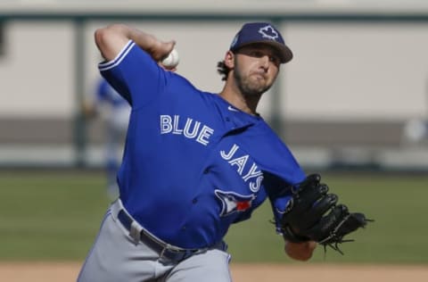 Mar 10, 2017; Lakeland, FL, USA; Toronto Blue Jays starting pitcher Mike Bolsinger (49) throws a pitch during the seventh inning of an MLB spring training baseball game against the Detroit Tigers at Joker Marchant Stadium. Mandatory Credit: Reinhold Matay-USA TODAY Sports