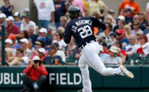 Mar 12, 2017; Lakeland, FL, USA;Detroit Tigers right fielder J.D. Martinez (28) runs to first base on a double to center during the third inning of an MLB spring training baseball game against the New York Mets at Joker Marchant Stadium. Mandatory Credit: Reinhold Matay-USA TODAY Sports