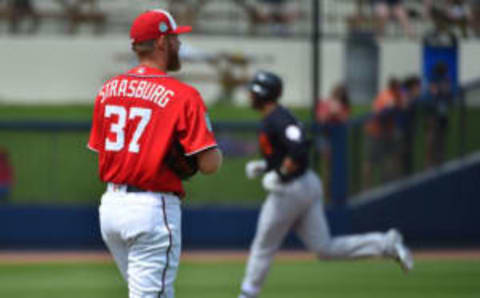 Mar 13, 2017; West Palm Beach, FL, USA; Washington Nationals starting pitcher Stephen Strasburg (37) reacts after allowing a solo home run to Detroit Tigers right fielder J.D. Martinez (28) during a spring training game at The Ballpark of the Palm Beaches. Mandatory Credit: Jasen Vinlove-USA TODAY Sports