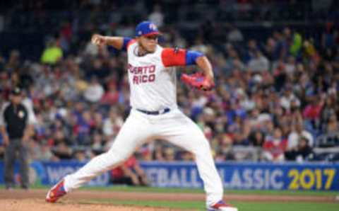 Mar 14, 2017; San Diego, CA, USA; Puerto Rico pitcher Joe Jimenez (43) delivers a pitch during the sixth inning against the Dominican Republic during the 2017 World Baseball Classic at Petco Park. Puerto Rico won 3-1. Mandatory Credit: Orlando Ramirez-USA TODAY Sports