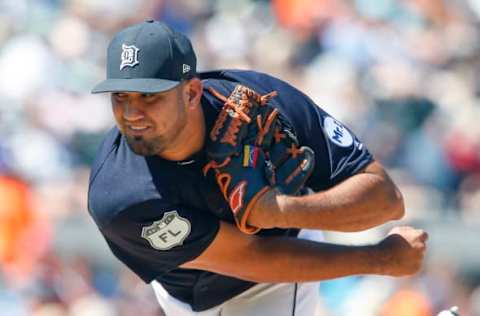 Mar 20, 2017; Lakeland, FL, USA; Detroit Tigers pitcher Arcenio Leon throws a pitch during the seventh inning of an MLB spring training baseball game at Joker Marchant Stadium. Mandatory Credit: Reinhold Matay-USA TODAY Sports