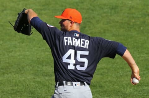 Mar 16, 2017; Lake Buena Vista, FL, USA; Detroit Tigers relief pitcher Buck Farmer (45) against the Atlanta Braves at Champion Stadium. The Tigers won 5-3. Mandatory Credit: Aaron Doster-USA TODAY Sports