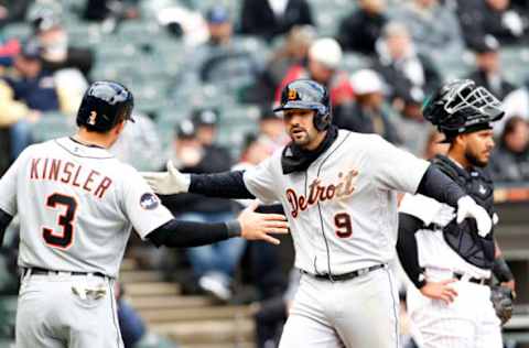 Apr 4, 2017; Chicago, IL, USA; Detroit Tigers third baseman Nick Castellanos (9) celebrates with second baseman Ian Kinsler (3) after hitting a two run home run during the second inning against the Chicago White Sox at Guaranteed Rate Field. Mandatory Credit: Caylor Arnold-USA TODAY Sports