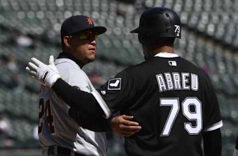 Apr 6, 2017; Chicago, IL, USA; Chicago White Sox first baseman Jose Abreu (79) talks with Detroit Tigers first baseman Miguel Cabrera (24) after hitting a single in the first inning at Guaranteed Rate Field. Mandatory Credit: Matt Marton-USA TODAY Sports