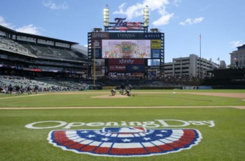 Apr 7, 2017; Detroit, MI, USA; General view as the grounds crew prepares the field prior to the game between the Detroit Tigers and the Boston Red Sox at Comerica Park. Mandatory Credit: Rick Osentoski-USA TODAY Sports