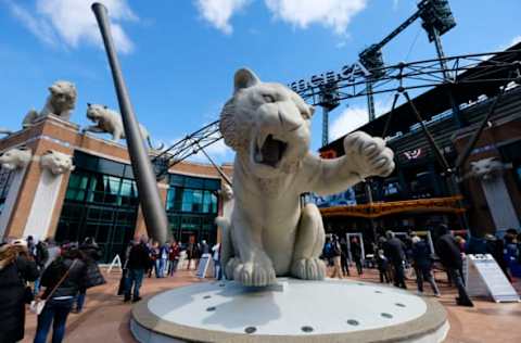 Apr 7, 2017; Detroit, MI, USA; General view of Tiger outside Comerica Park prior to the game between the Detroit Tigers and the Boston Red Sox. Mandatory Credit: Rick Osentoski-USA TODAY Sports