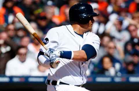 Apr 7, 2017; Detroit, MI, USA; Detroit Tigers designated hitter Victor Martinez (41) hits an RBI single in the sixth inning against the Boston Red Sox at Comerica Park. Mandatory Credit: Rick Osentoski-USA TODAY Sports