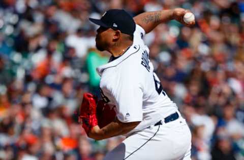 Apr 7, 2017; Detroit, MI, USA; Detroit Tigers relief pitcher Bruce Rondon (43) pitches in the eighth inning against the Boston Red Sox at Comerica Park. Mandatory Credit: Rick Osentoski-USA TODAY Sports