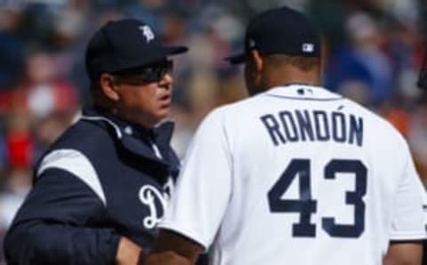 Apr 7, 2017; Detroit, MI, USA; Detroit Tigers pitching coach Rich Dubee (52) talks to relief pitcher Bruce Rondon (43) during the eighth inning against the Boston Red Sox at Comerica Park. Mandatory Credit: Rick Osentoski-USA TODAY Sports