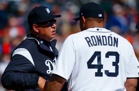 Apr 7, 2017; Detroit, MI, USA; Detroit Tigers pitching coach Rich Dubee (52) talks to relief pitcher Bruce Rondon (43) during the eighth inning against the Boston Red Sox at Comerica Park. Mandatory Credit: Rick Osentoski-USA TODAY Sports