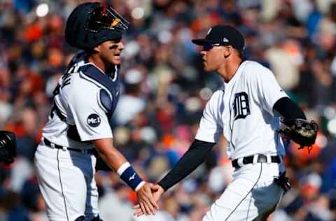 Apr 7, 2017; Detroit, MI, USA; Detroit Tigers catcher James McCann (34) and center fielder JaCoby Jones (40) celebrate after the game against the Boston Red Sox at Comerica Park. Detroit won 6-5. Mandatory Credit: Rick Osentoski-USA TODAY Sports